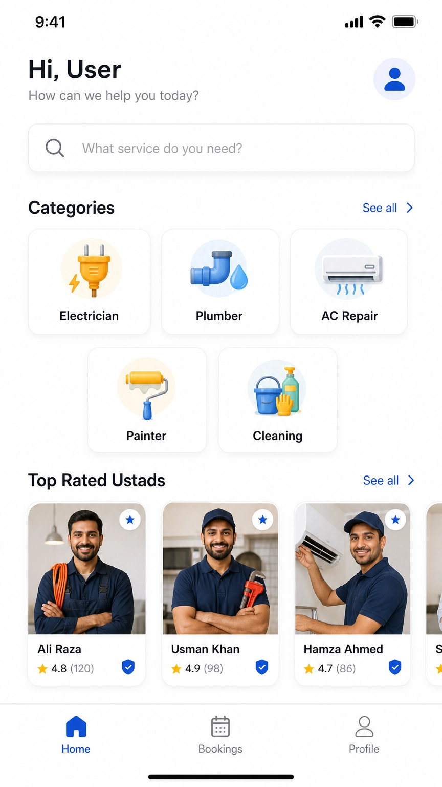 Ustad app home screen
