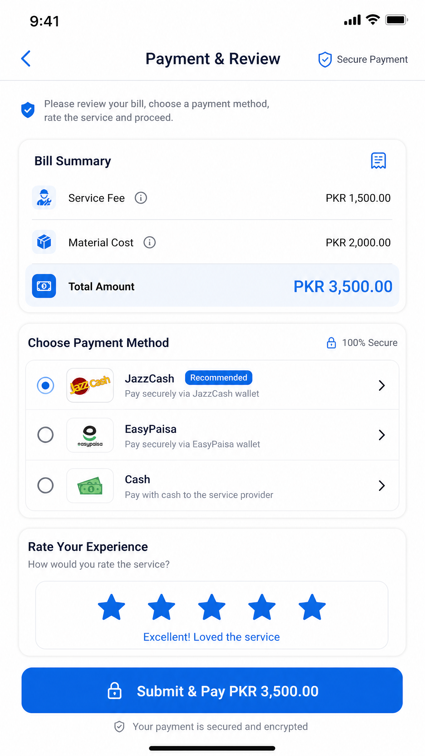 Payment and review screen